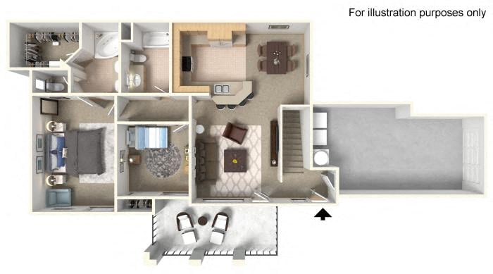Floor plan for 2 beds, 2 baths, 1102 sqft